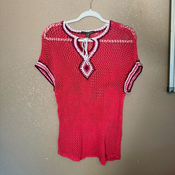 Tommy Bahama Knitted Crotchet 70s Retro Short Sleeve Top Swim Coverup Beachy F - Picture 1 of 2